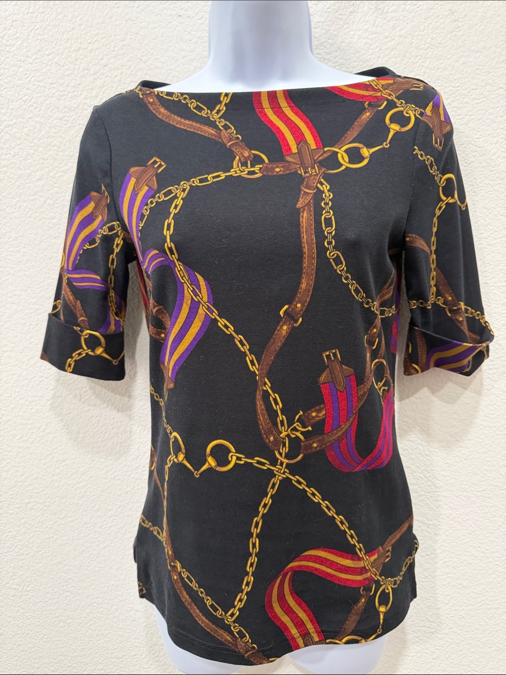 LAUREN RALPH LAUREN Short-Sleeve Top-Gold Chain & Red, Purple Accents $24